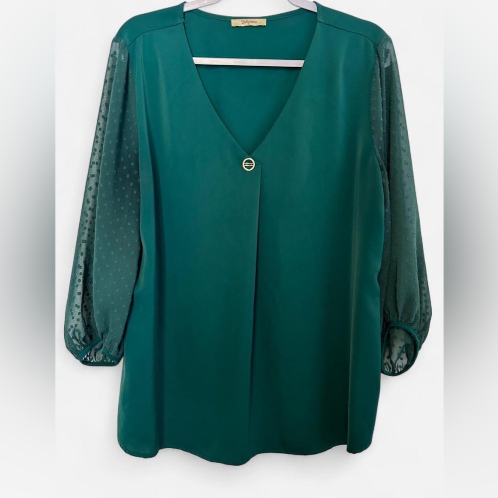 Bebonnie Teal V-Neck Blouse with Sheer Swiss Dot Sleeves – Size XL